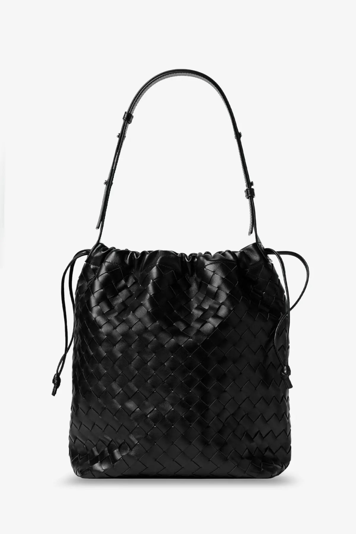 Bottega Veneta men’s black leather woven shoulder bag with slender handles and drawstring closure
