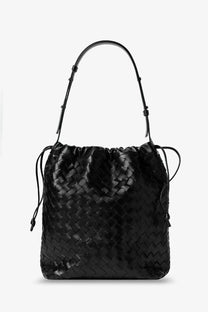 Bottega Veneta men’s black leather woven shoulder bag with slender handles and drawstring closure