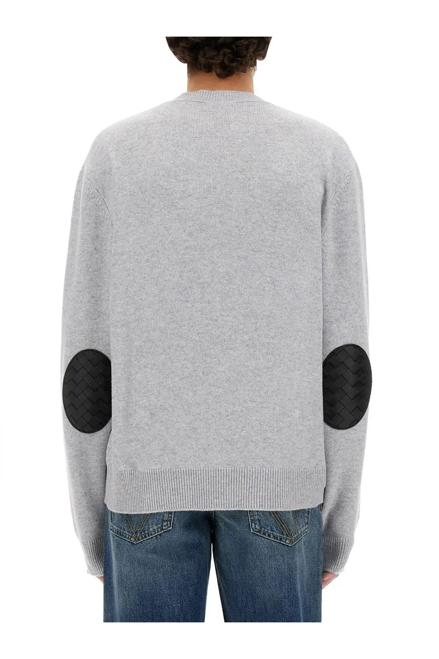 Bottega Veneta men’s white cashmere sweater with gray knit and black woven elbow patches
