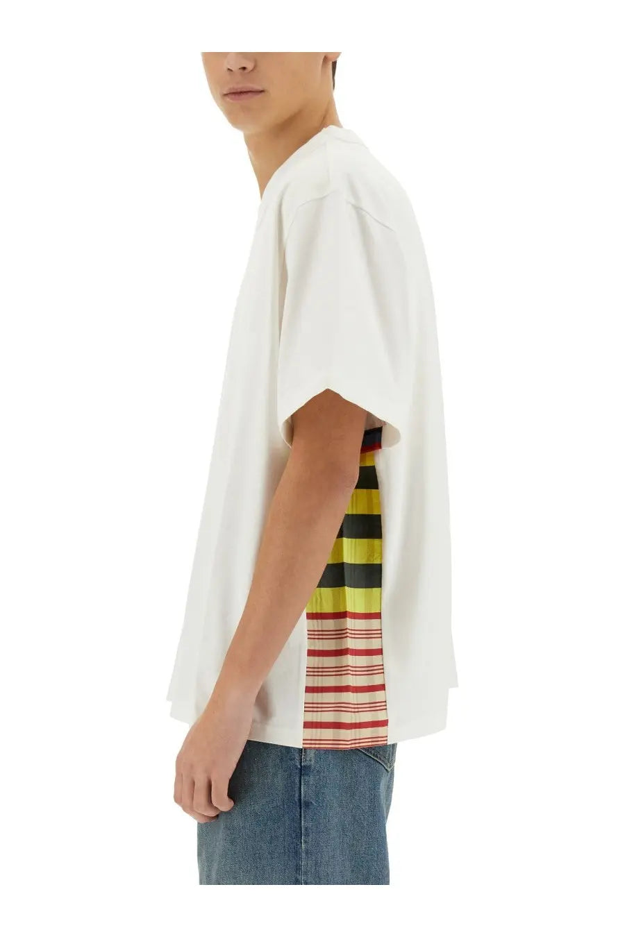 Bottega Veneta men’s white oversized cotton jersey t-shirt with bold vertical stripe panel in yellow black and red