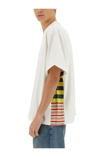 Bottega Veneta men’s white oversized cotton jersey t-shirt with bold vertical stripe panel in yellow black and red