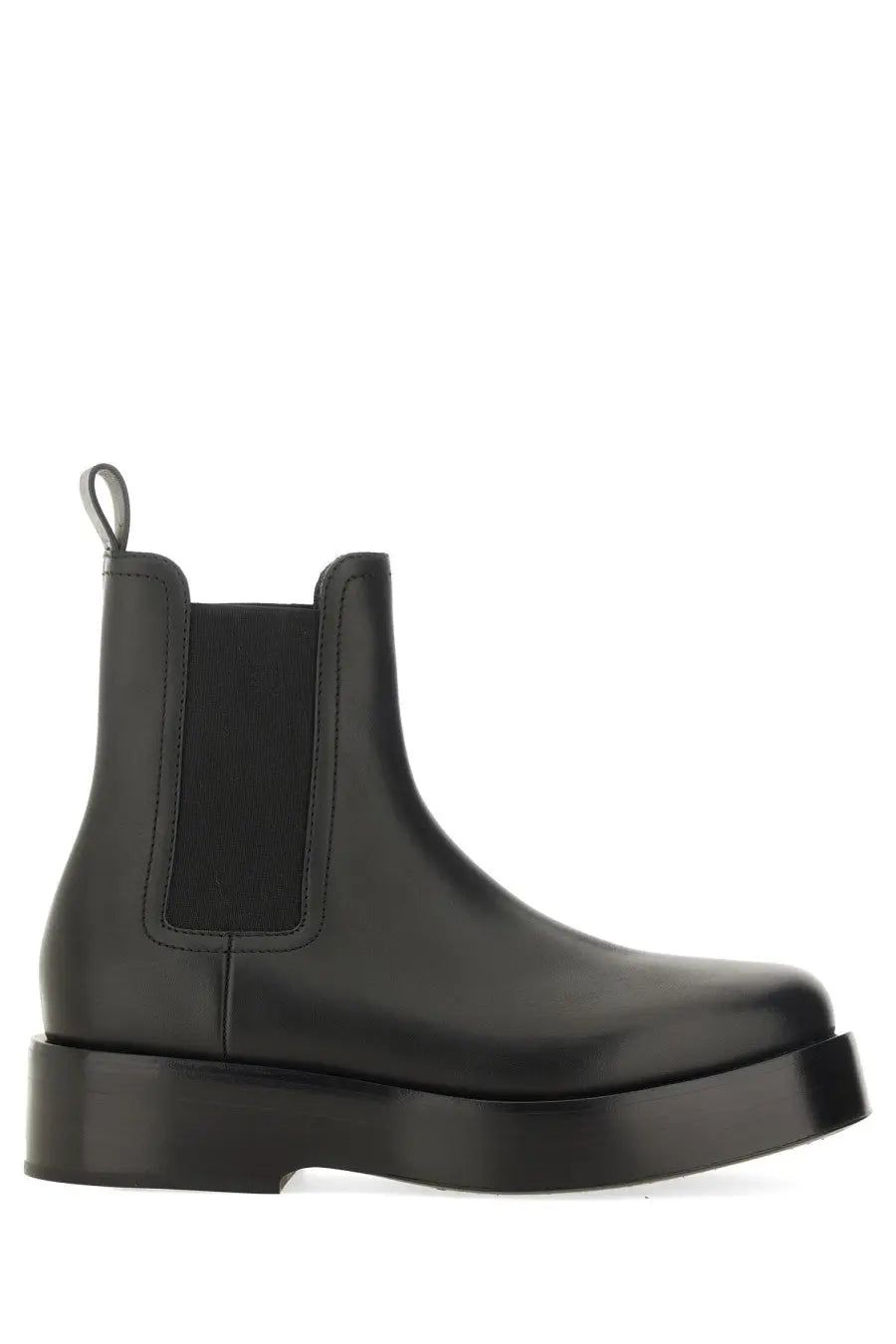 Bottega Veneta men’s black leather Chelsea boot with chunky platform sole and elastic side panels