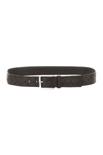 Bottega Veneta men’s black woven leather belt with silver-toned rectangular buckle in pelle brown style