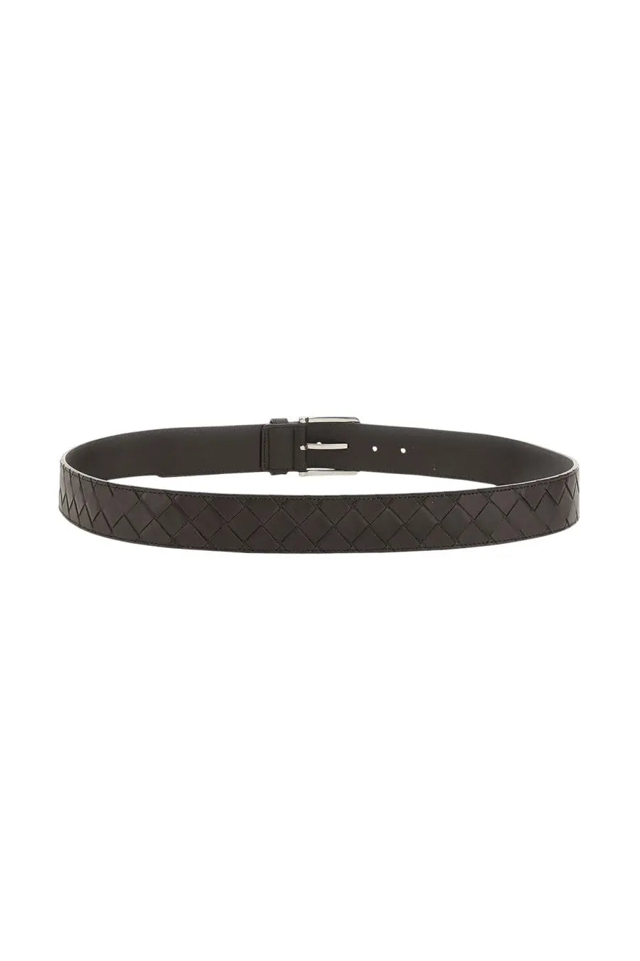 Bottega Veneta men’s brown woven leather belt with silver toned buckle for stylish casual and formal wear