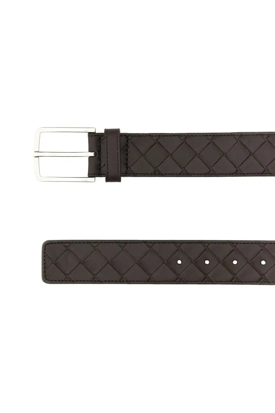 Bottega Veneta men’s brown leather belt with woven diamond pattern and silver-toned buckle
