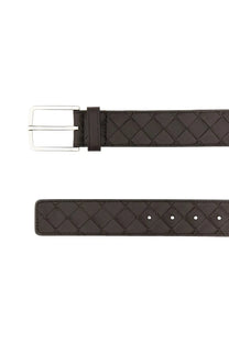 Bottega Veneta men’s brown leather belt with woven diamond pattern and silver-toned buckle