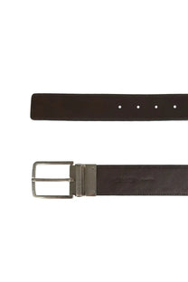 Dark brown leather belt with silver toned buckle and concealed tab for easy fastening from bottega veneta mens cintura reversibile black