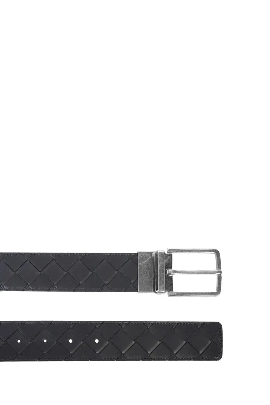Bottega Veneta men’s cintura reversibile black leather belt with woven texture and silver-toned buckle