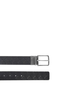 Bottega Veneta men’s cintura reversibile black leather belt with woven texture and silver-toned buckle