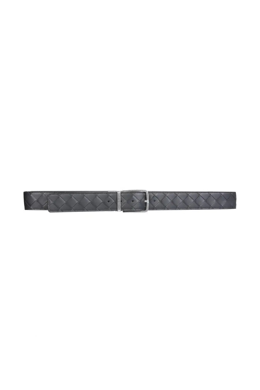 Bottega Veneta men’s cintura reversibile black leather belt with woven diamond pattern and silver toned buckle