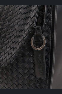 Black woven leather keychain with silver-toned ring and embossed bottega veneta logo tag for mens corriere bag