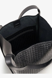 Bottega Veneta men’s Corriere black woven leather tote bag with structured handles and sleek modern design