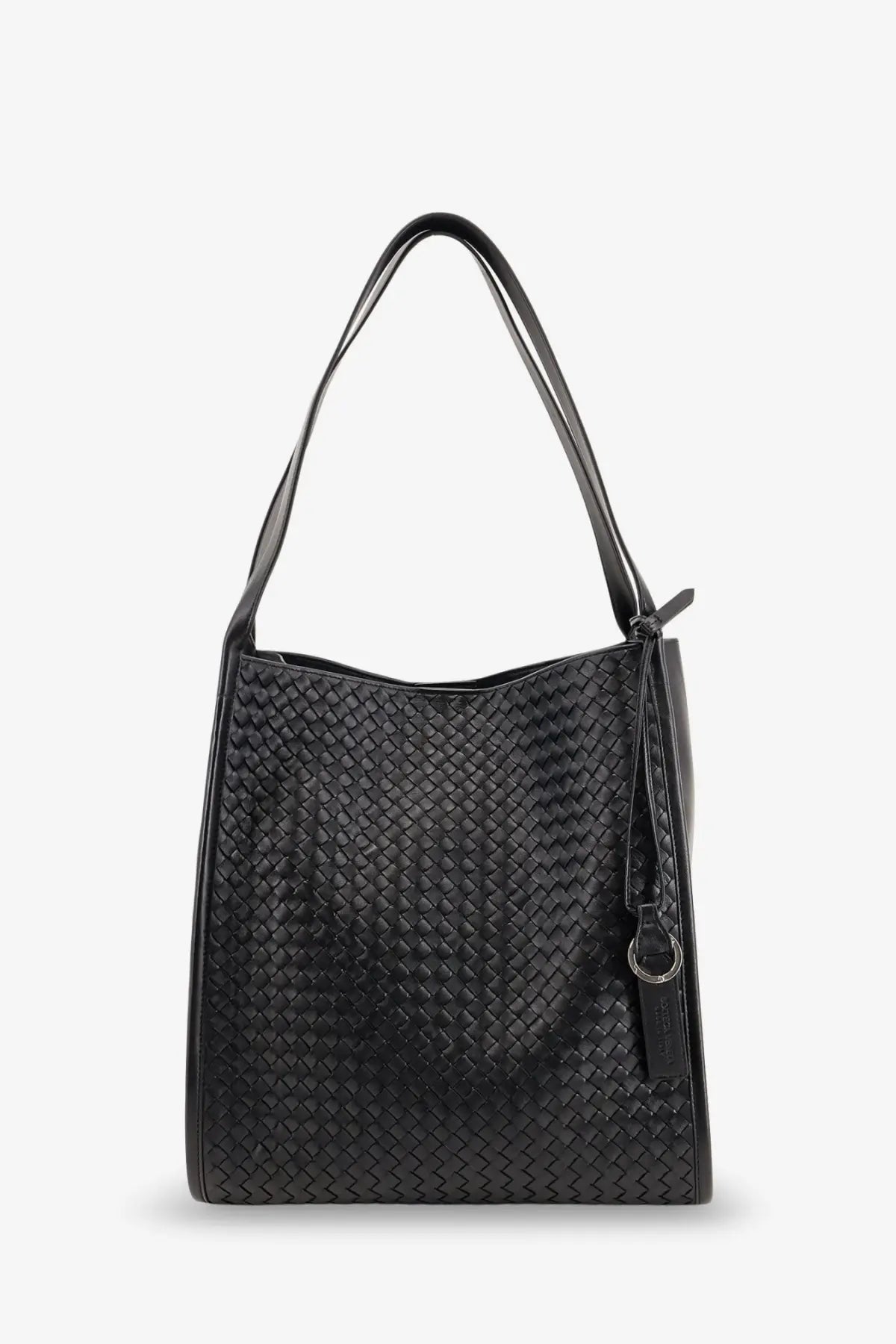 Bottega Veneta men’s Corriere black leather tote bag with woven design and matching shoulder strap