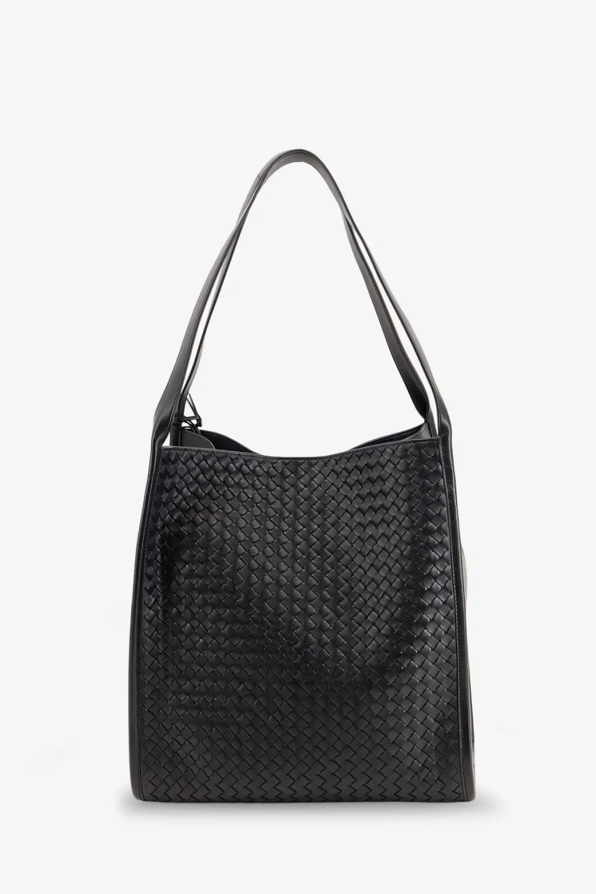 Black woven leather tote bag with structured interlaced pattern and slender shoulder straps by Bottega Veneta