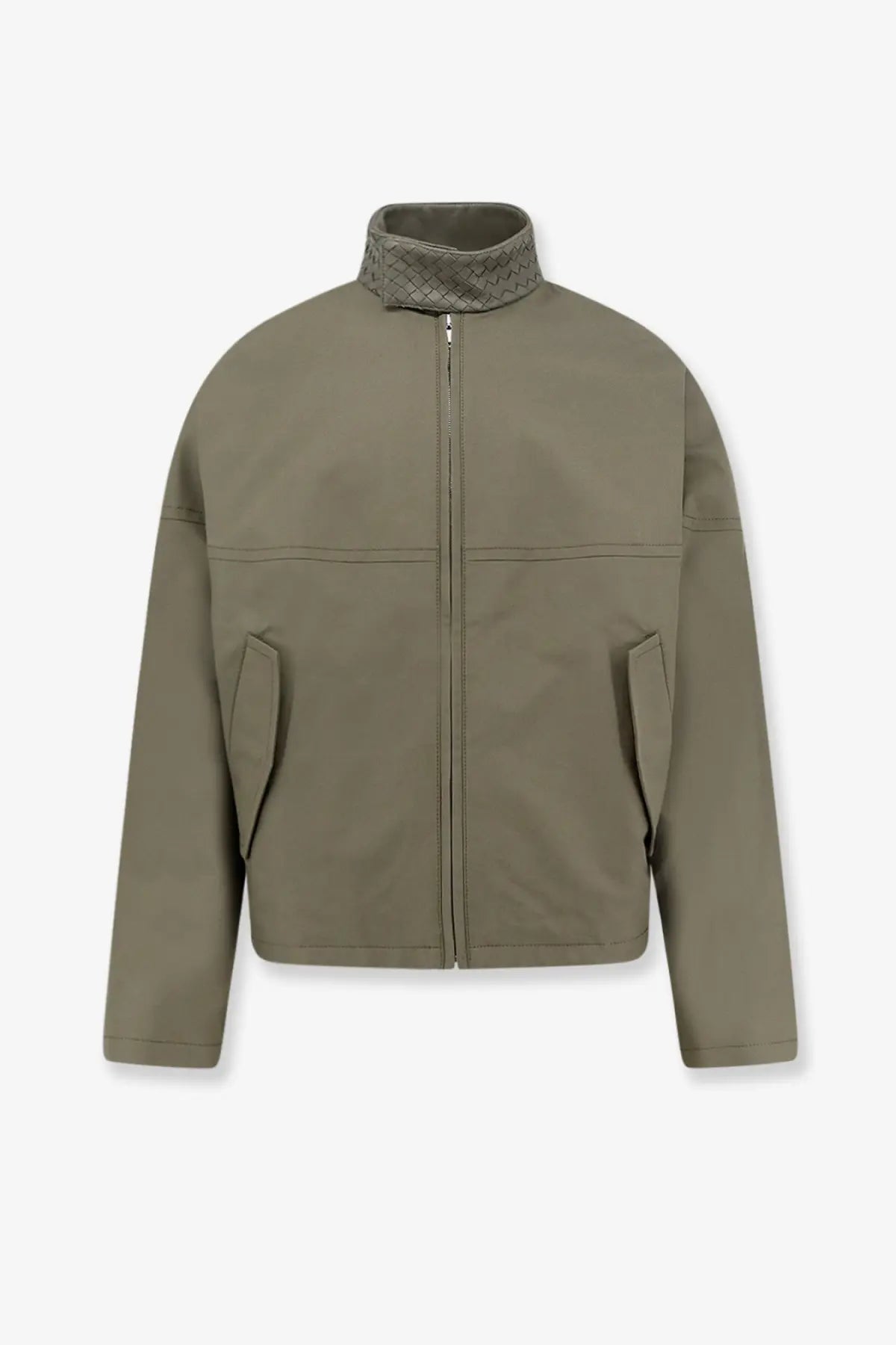 Olive green bottega veneta men’s cotton jacket with signature intrecciato weave collar in grey style