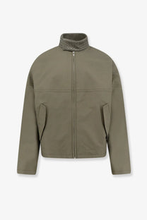Olive green bottega veneta men’s cotton jacket with signature intrecciato weave collar in grey style