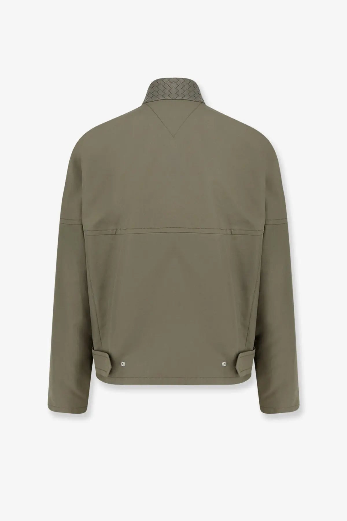 Olive green bottega veneta men’s cotton jacket with woven leather collar and buttoned cuffs