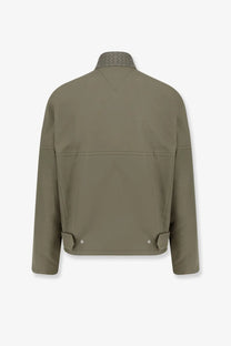 Olive green bottega veneta men’s cotton jacket with woven leather collar and buttoned cuffs
