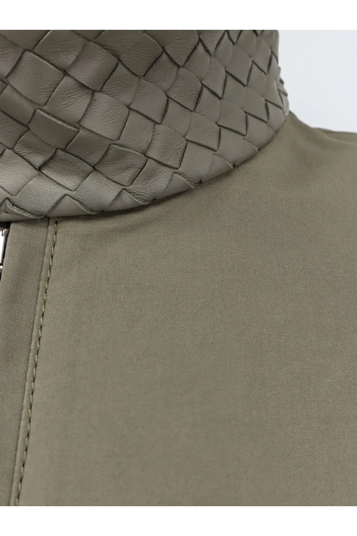 Olive green woven leather collar detail on bottega veneta men’s grey cotton jacket front view