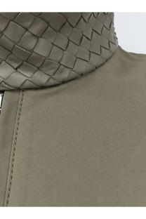 Olive green woven leather collar detail on bottega veneta men’s grey cotton jacket front view