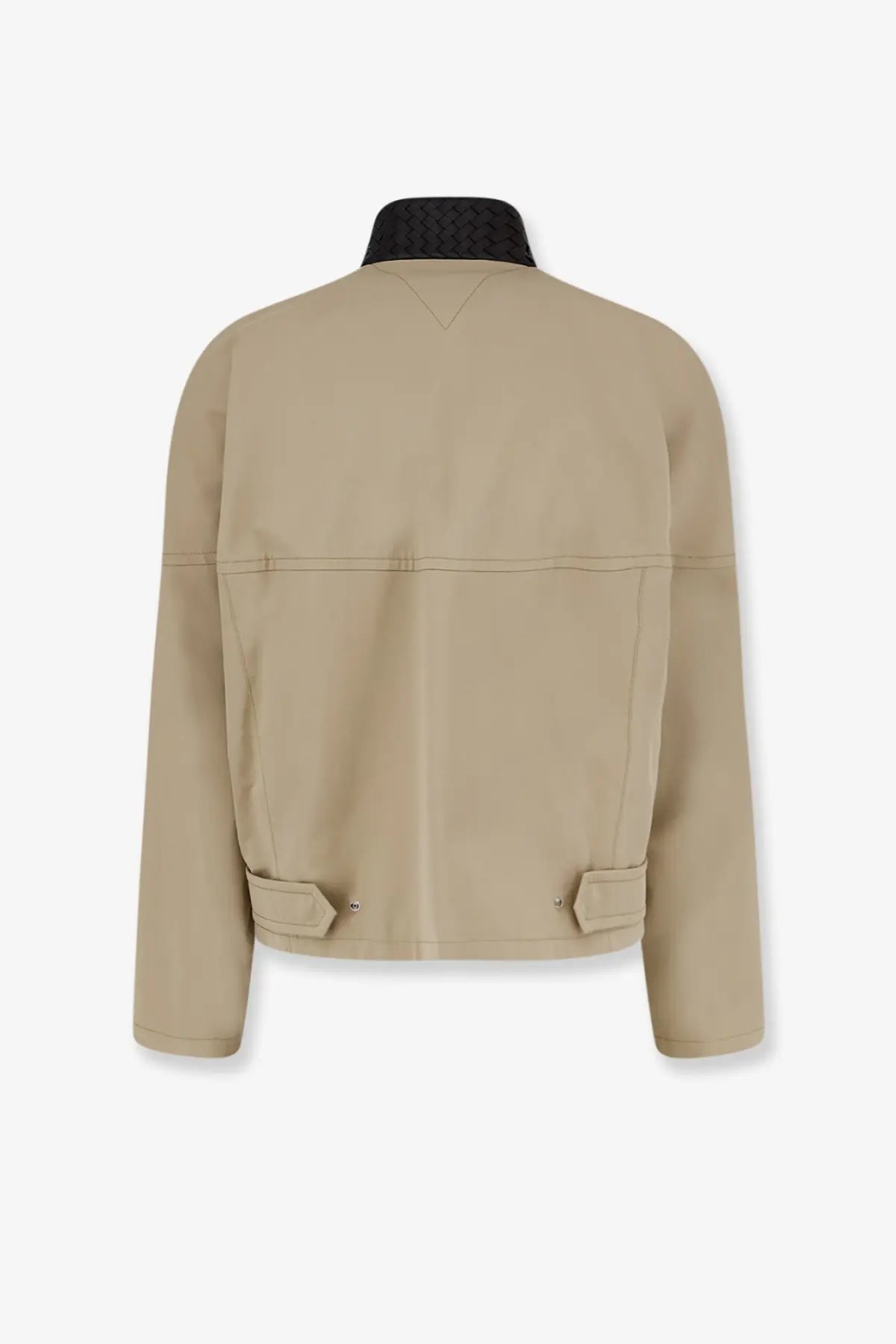 Beige bottega veneta men’s cotton utility jacket with black woven collar and flap pockets sahara style