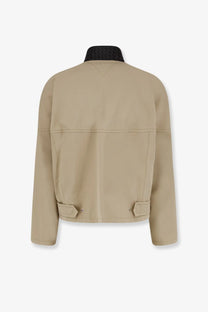 Beige bottega veneta men’s cotton utility jacket with black woven collar and flap pockets sahara style