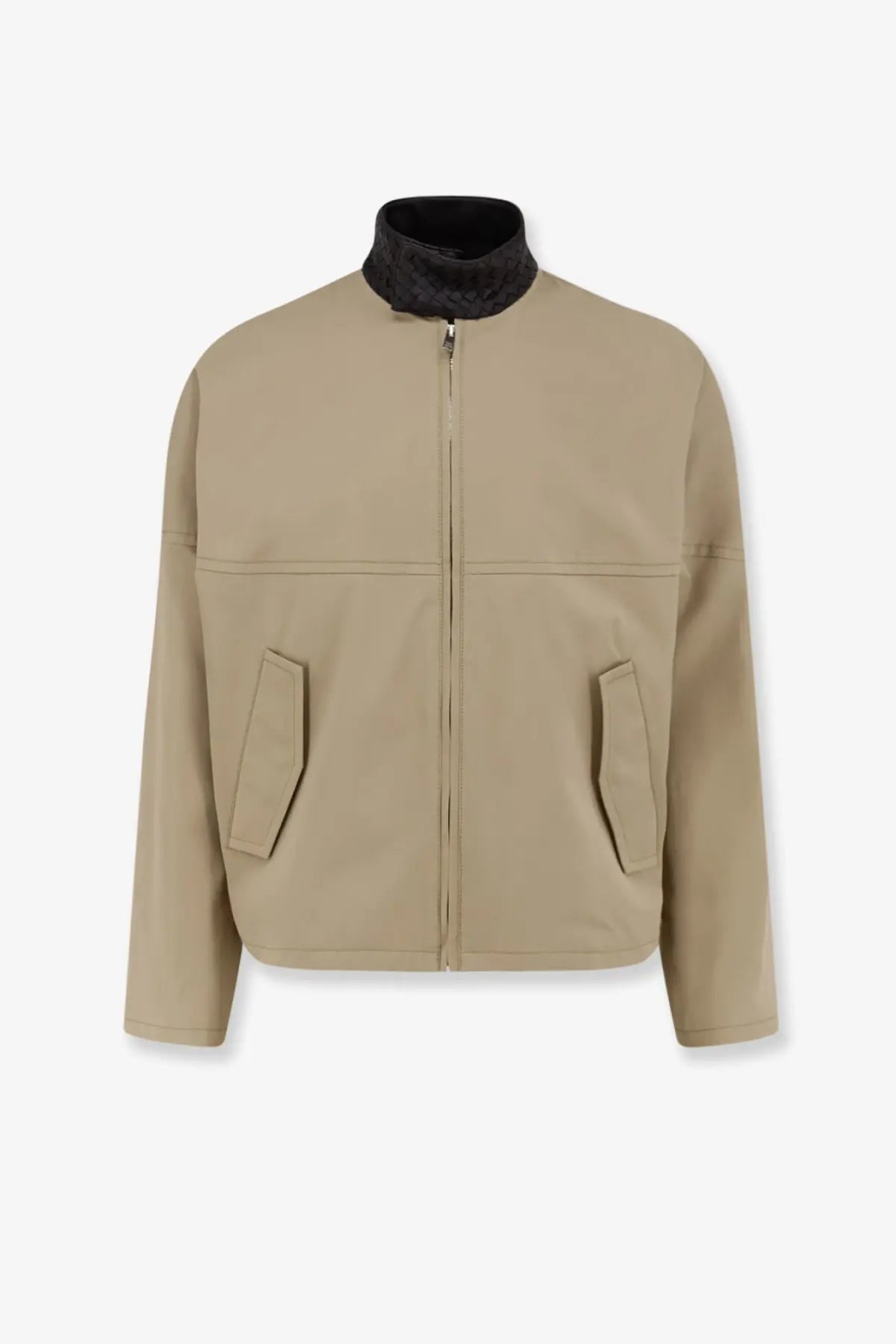 Beige bottega veneta men’s cotton jacket sahara with black quilted collar and two slanted pockets