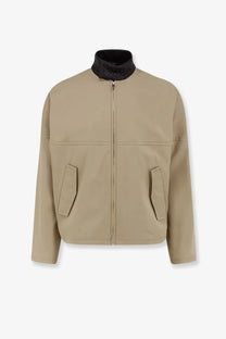 Beige bottega veneta men’s cotton jacket sahara with black quilted collar and two slanted pockets