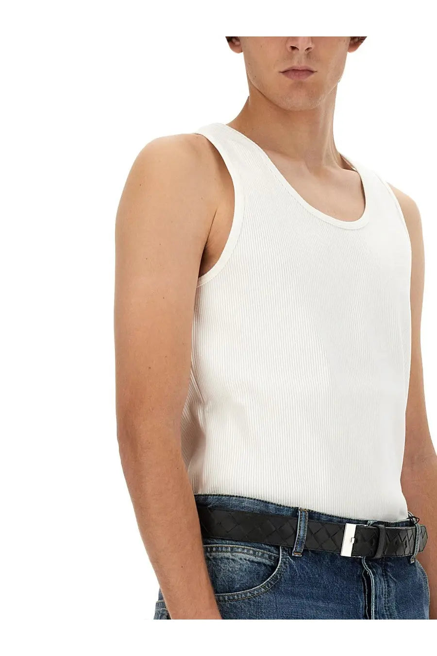 White ribbed knit tank top made of cotton jersey by bottega veneta men’s summer essential