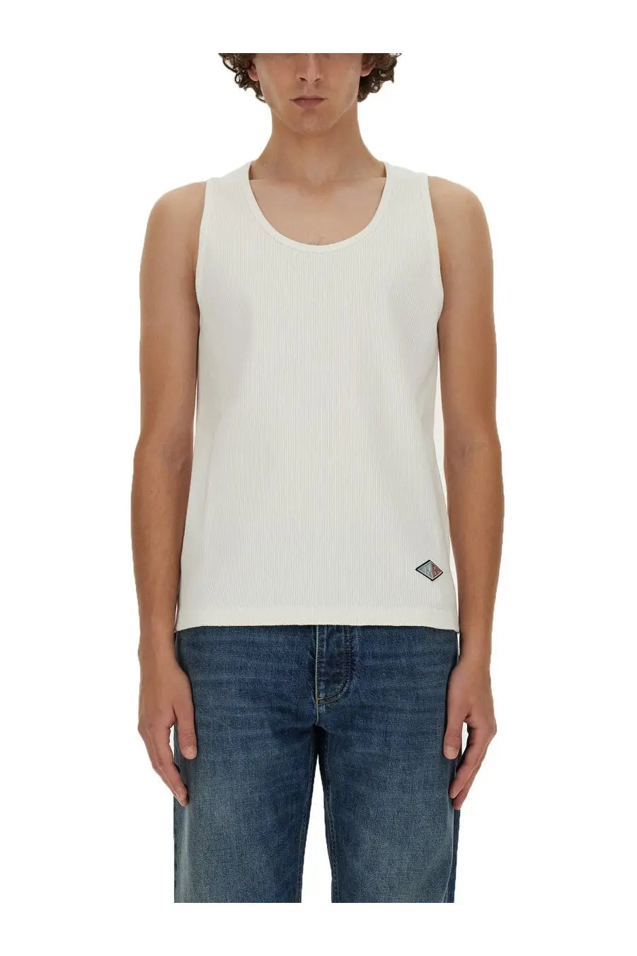 White ribbed knit cotton jersey tank top with small diamond shaped logo on the lower right side by bottega veneta
