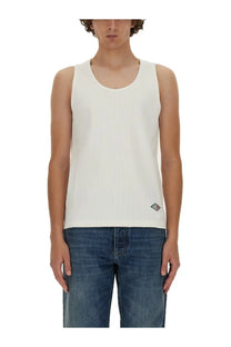 White ribbed knit cotton jersey tank top with small diamond shaped logo on the lower right side by bottega veneta