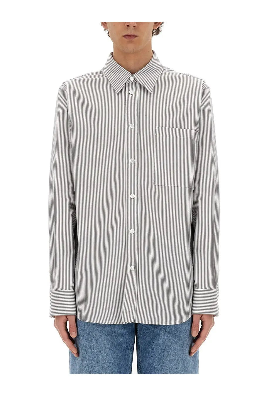 Bottega Veneta men’s cotton shirt grey with light gray and white vertical stripes pointed collar and chest pocket