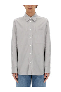 Bottega Veneta men’s cotton shirt grey with light gray and white vertical stripes pointed collar and chest pocket