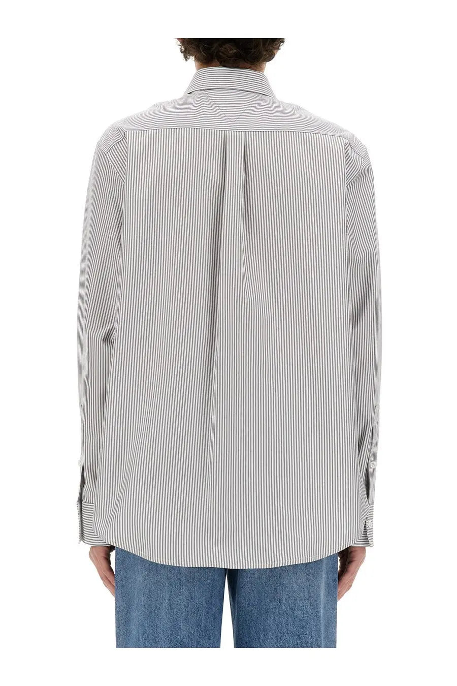 Bottega Veneta men’s cotton shirt grey with long sleeves and fine light gray and white vertical stripes in a smooth fabric