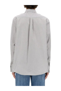 Bottega Veneta men’s cotton shirt grey with long sleeves and fine light gray and white vertical stripes in a smooth fabric