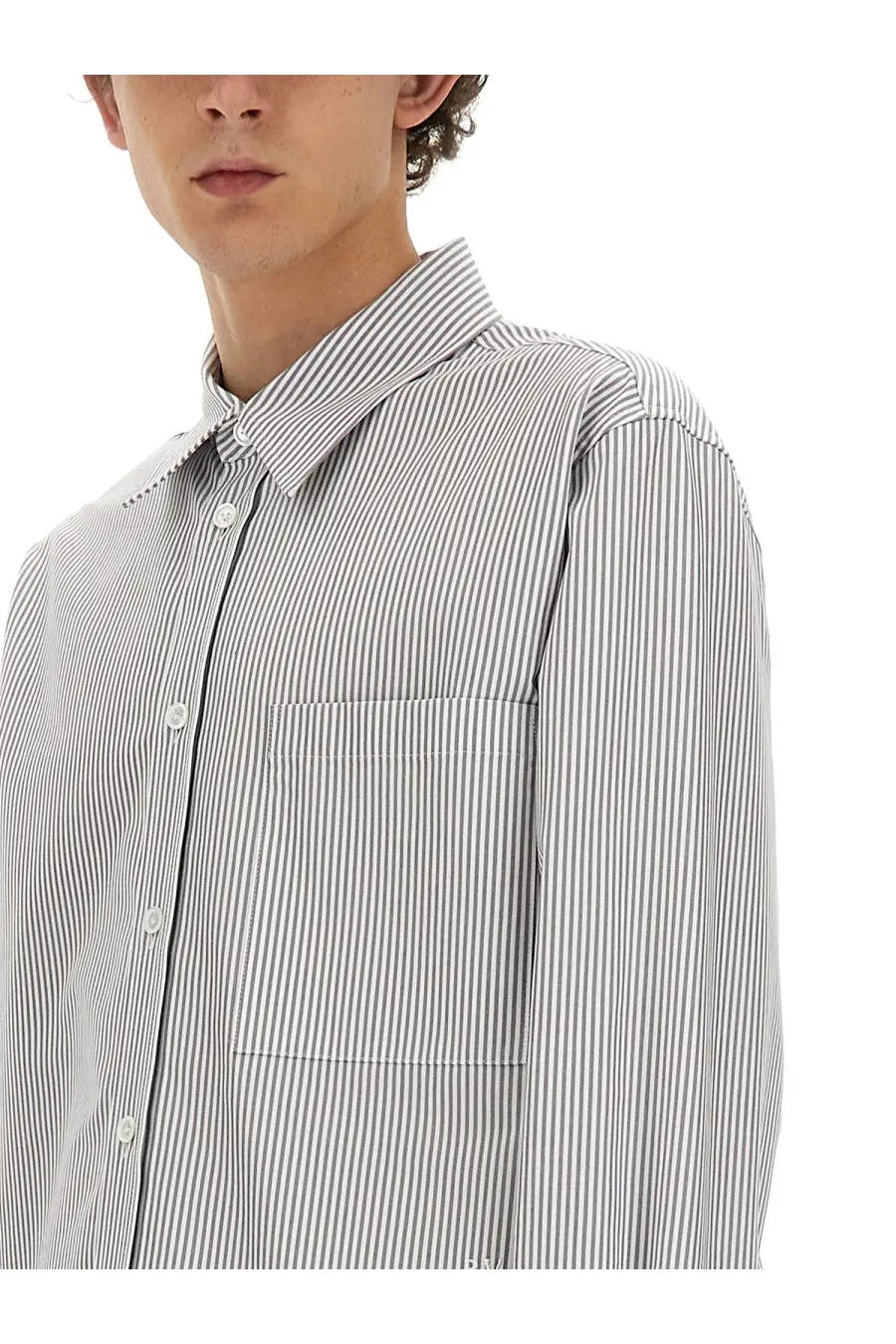 Bottega Veneta men’s cotton shirt grey with crisp black and white vertical stripes and a neatly stitched pocket