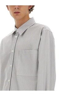 Bottega Veneta men’s cotton shirt grey with crisp black and white vertical stripes and a neatly stitched pocket