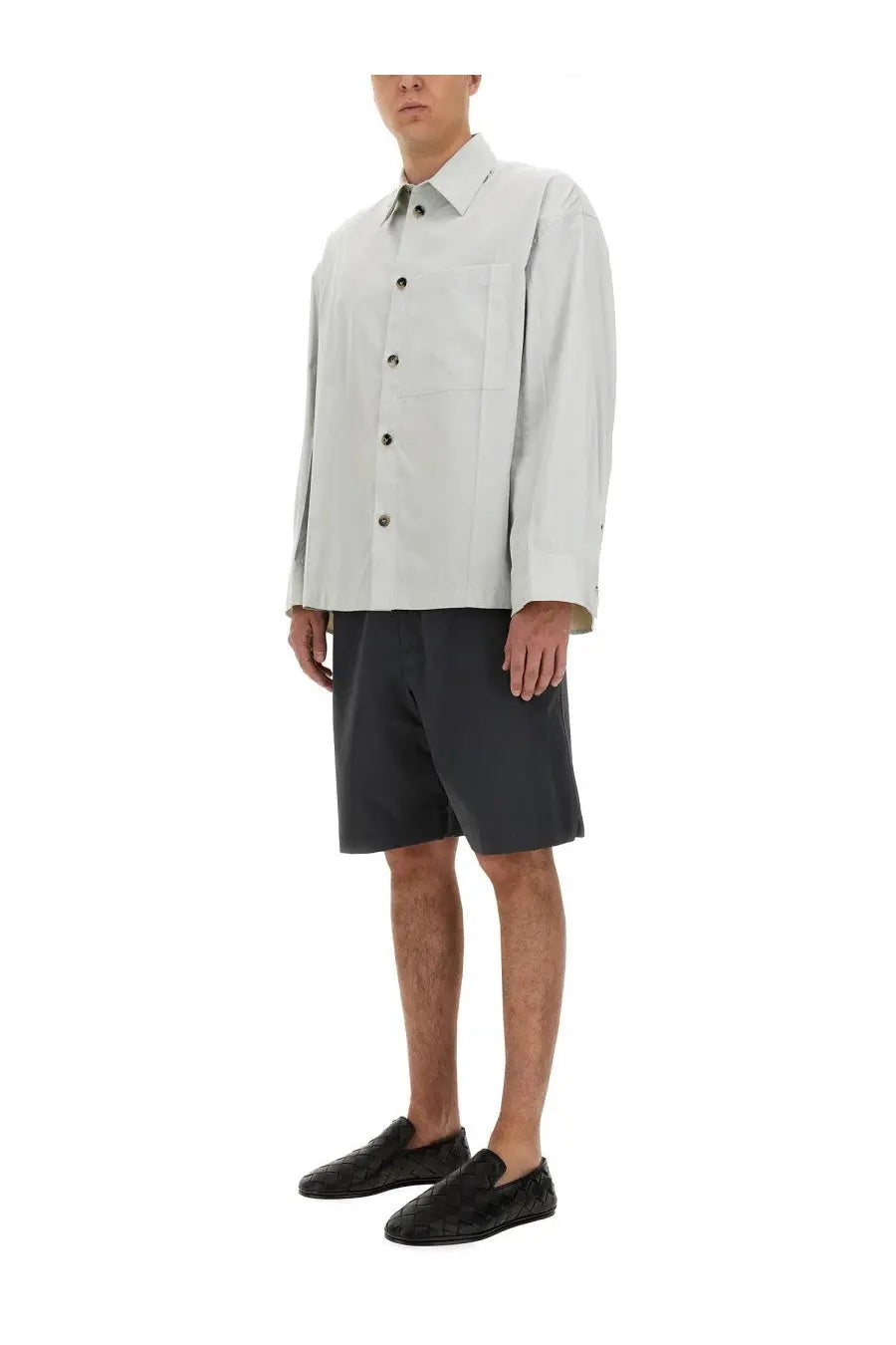 Light gray long sleeved cotton button up shirt with structured collar and front pocket in bottega veneta mens cotton shorts gray