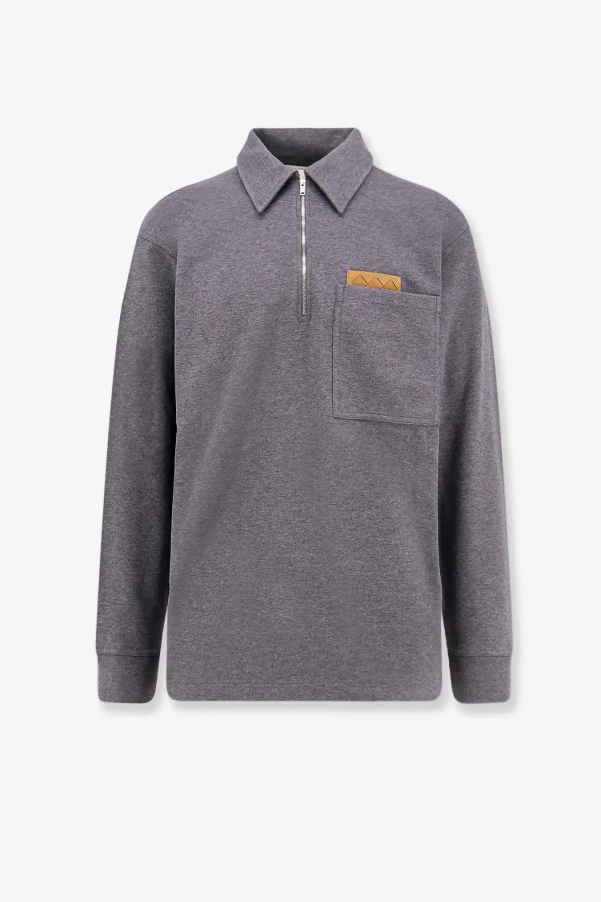Bottega Veneta men’s grey cotton sweater heathered long sleeve polo with half zip and orange leather patch pocket
