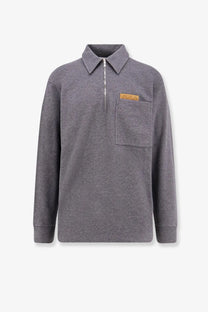 Bottega Veneta men’s grey cotton sweater heathered long sleeve polo with half zip and orange leather patch pocket