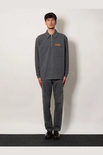 Bottega Veneta men’s grey cotton sweater with long sleeves, zipper placket, and tan chest pocket patch