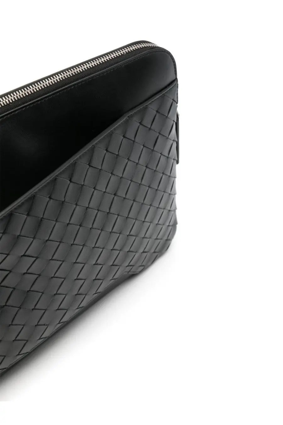 Bottega Veneta men’s document holder getaway black woven leather clutch with silver zipper front view