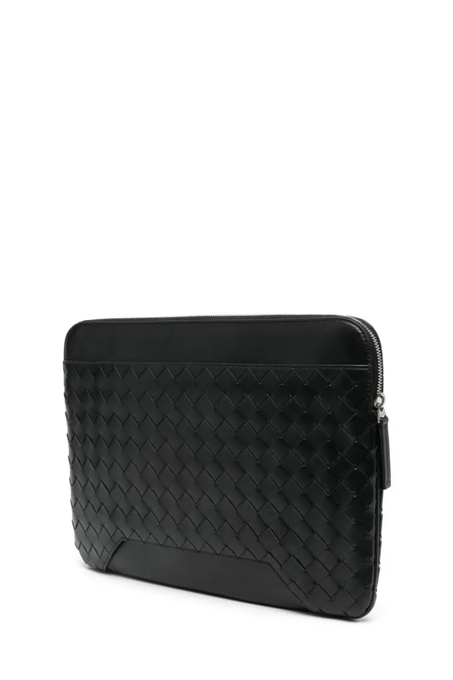 Bottega Veneta men’s document holder getaway black woven leather laptop sleeve with textured pattern and silver zipper