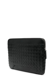 Bottega Veneta men’s document holder getaway black woven leather laptop sleeve with textured pattern and silver zipper