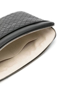 Bottega Veneta men’s document holder black woven leather clutch with sleek structured design and beige interior lining