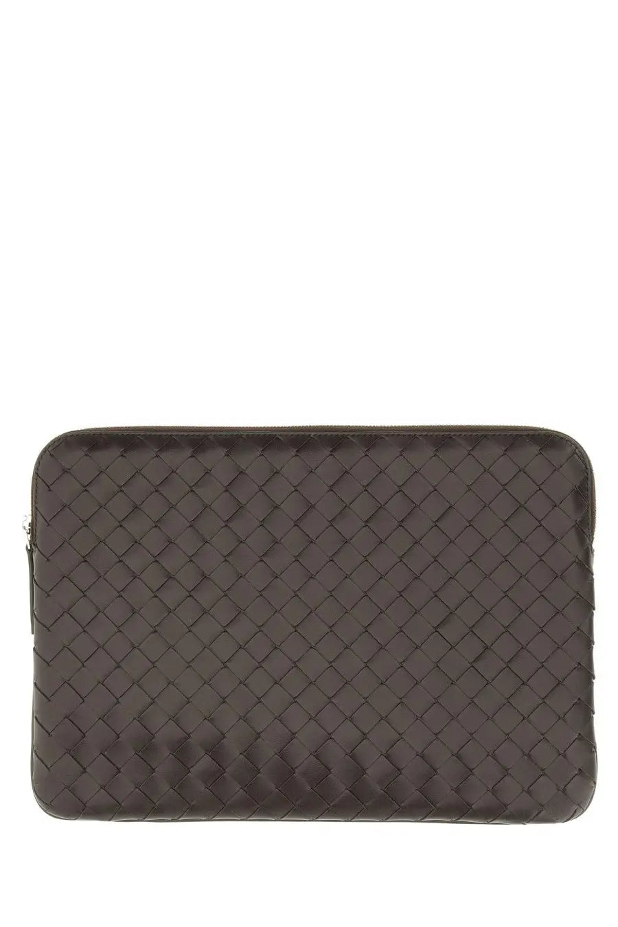 Dark brown woven leather laptop sleeve with distinctive diamond pattern from bottega veneta men’s document holder getaway brown