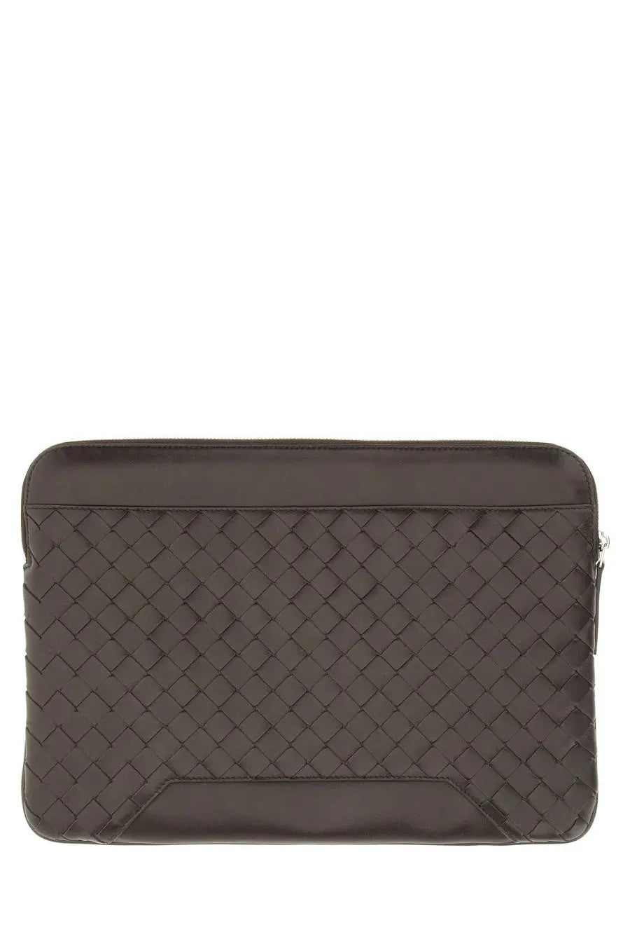Dark brown woven leather laptop sleeve with sleek structured design in bottega veneta men’s document holder getaway brown