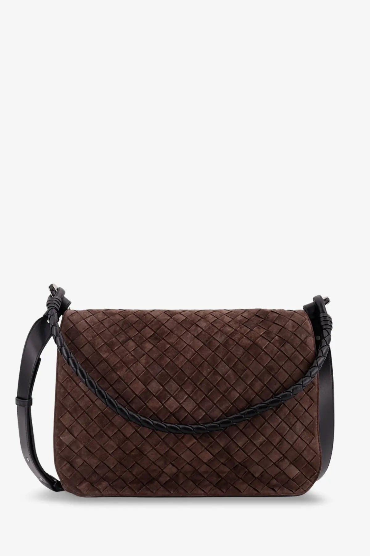 Bottega Veneta men’s intrecciato brown woven leather shoulder bag with black braided strap and sleek side handles