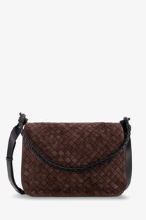 Bottega Veneta men’s intrecciato brown woven leather shoulder bag with black braided strap and sleek side handles