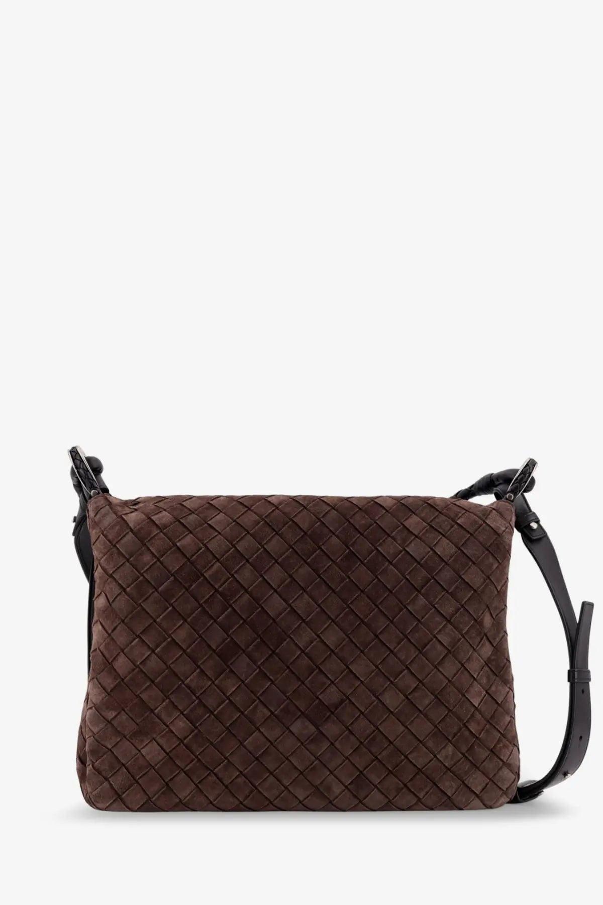 Bottega Veneta men’s intrecciato brown woven leather crossbody bag with black adjustable strap for shoulder use